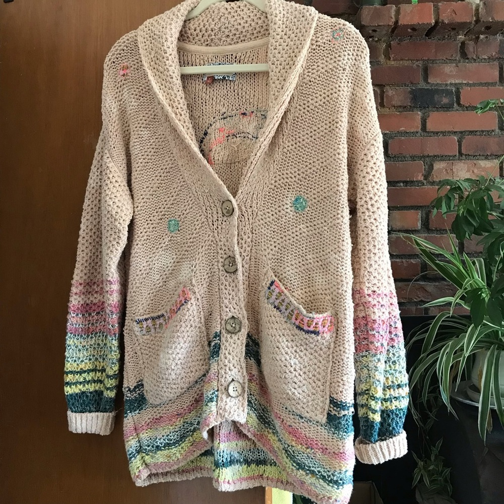 Anthropologie Pink Embroidered Patchwork Knit Sweater - Picture 2 of 6